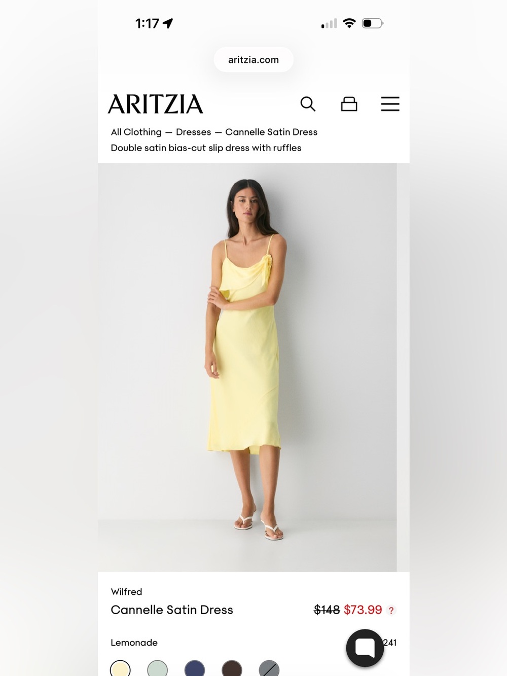 Aritzia Wilfred Cannelle Satin Dress - XS, color Lemonade